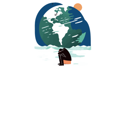 Illustration d'une personne assise près d'un globe terrestre stylisé avec une lune orange.