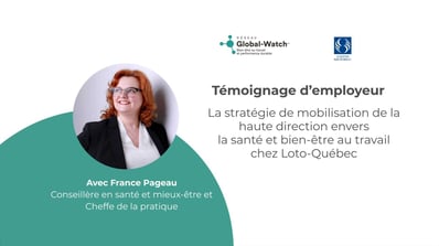 Femme souriante en tenue de bureau, texte sur mobilisation du bien-être au travail chez Loto-Québec.